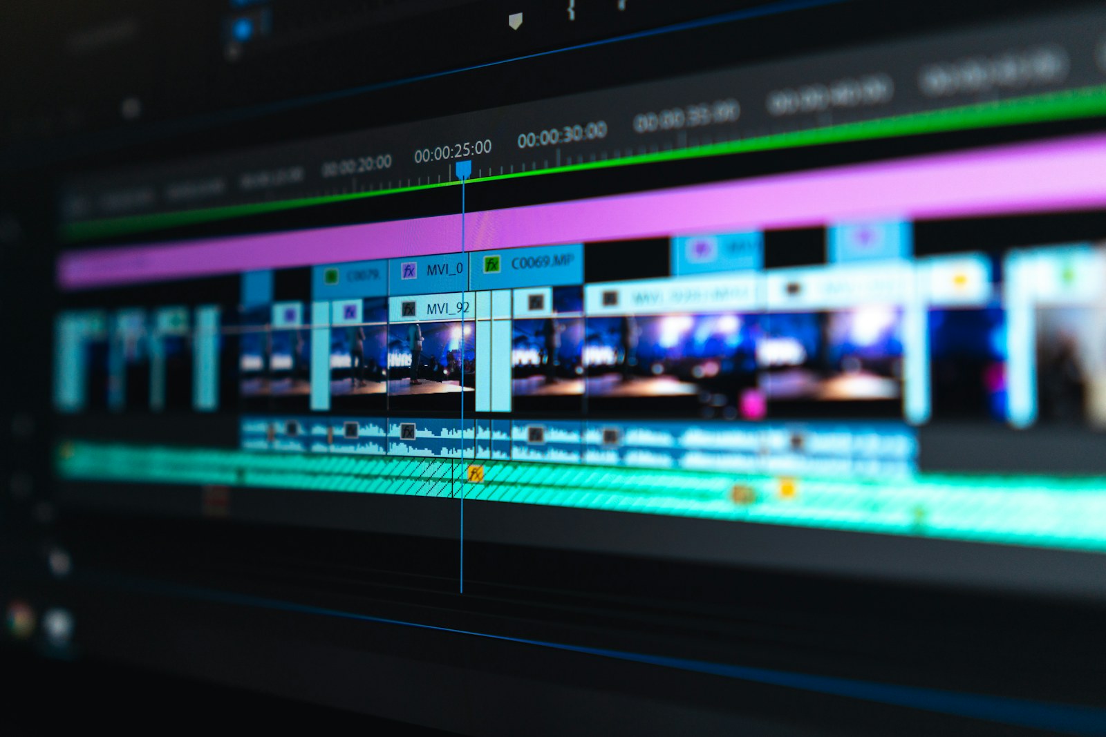 A video editing timeline on a monitor