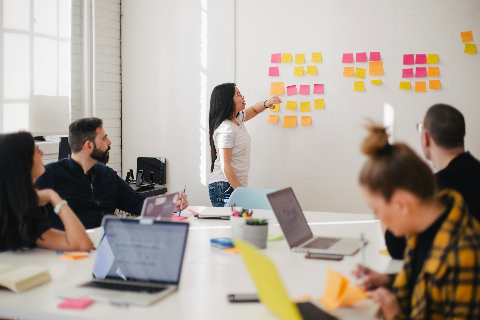 A team planning ideas on a wall of notes